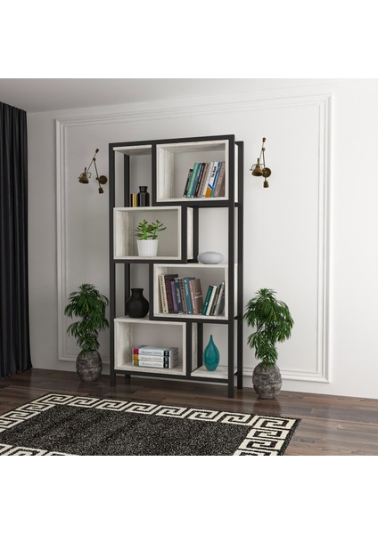 Oykotra Serisi Kitaplık 4 Büyük Raflı 80 cm Ceviz Desen Siyah Metal Ayak Kitaplık