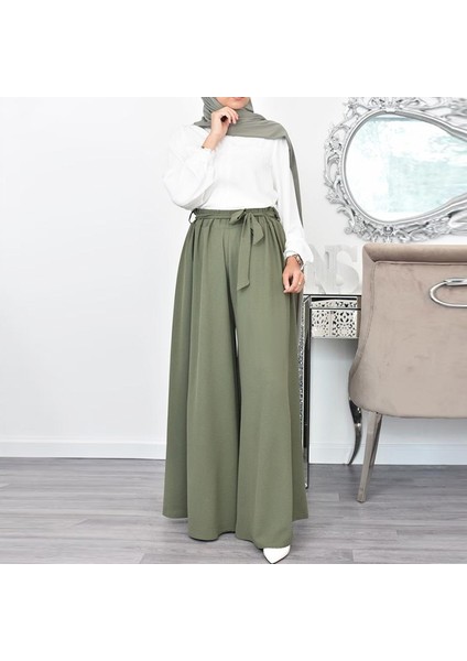 Barbora Keten Yazlık Günlük Kemerli Kadın Pantolon Şalvar LN345HAKI4