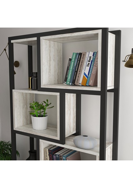 Oykotra Serisi Kitaplık 4 Büyük Raflı 80 cm Ceviz Desen Siyah Metal Ayak Kitaplık modelleri