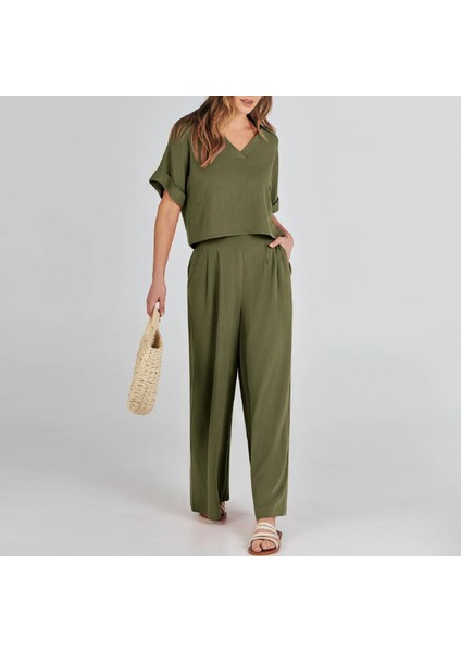 Zarif Kadin T-shirt ve Uzun Pantolon Alt Üst İkili Takım V Yaka Kısa Kollu Salaş Rahat Elbise modelleri