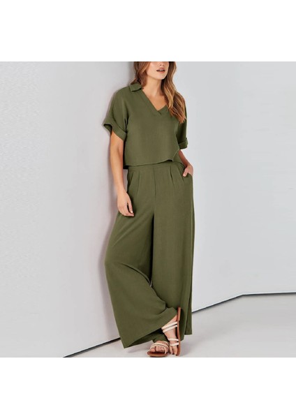 Zarif Kadin T-shirt ve Uzun Pantolon Alt Üst İkili Takım V Yaka Kısa Kollu Salaş Rahat Elbise indirimleri