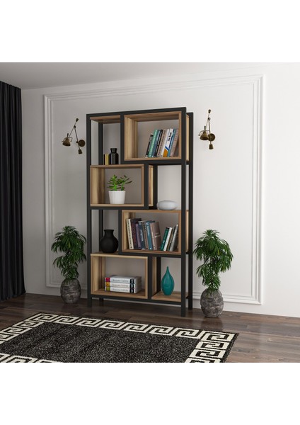 Oykotra Serisi Kitaplık 4 Büyük Raflı 80 cm Ceviz Desen Siyah Metal Ayak Kitaplık