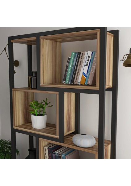 Oykotra Serisi Kitaplık 4 Büyük Raflı 80 cm Ceviz Desen Siyah Metal Ayak Kitaplık modelleri