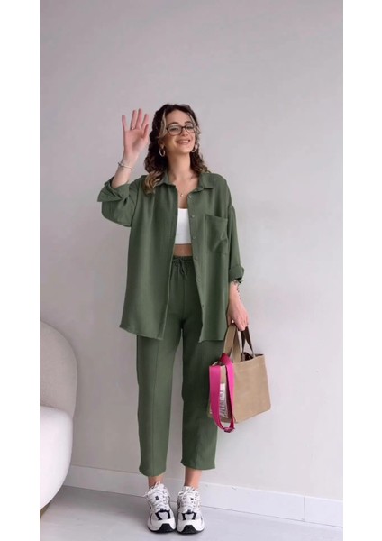 Barbora Keten Günlük Ikili Takım Elbise Pantolon Gömlek LN21HAKI13