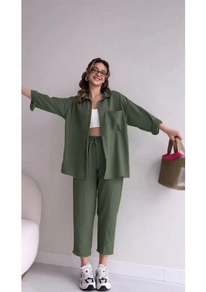 Barbora Keten Günlük Ikili Takım Elbise Pantolon Gömlek LN21HAKI13