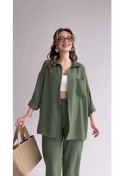 Barbora Keten Günlük Ikili Takım Elbise Pantolon Gömlek LN21HAKI12