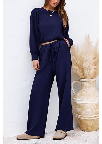 Keten Yazlık Yüksel Bel Pantolon Balon Kol Tasarım Bluz Ikili Takım Alt Üst LN25LACI2 fırsatları