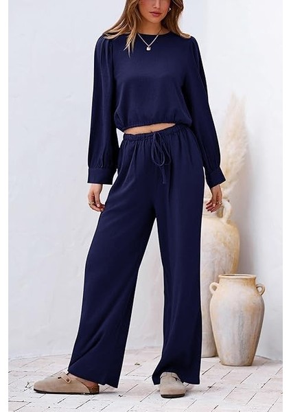 Keten Yazlık Yüksel Bel Pantolon Balon Kol Tasarım Bluz Ikili Takım Alt Üst LN25LACI2