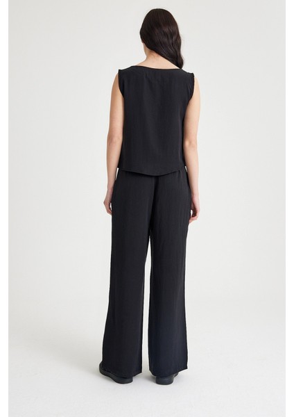 Keten Günlük Rahat Kolsuz Alt Üst Kadın Takım