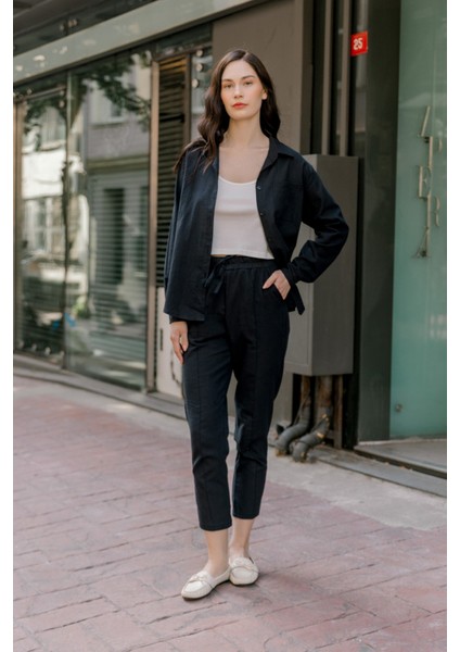 Keten Günlük Ikili Takım Elbise Pantolon Gömlek LN21SIYAH8