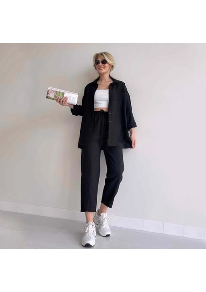 Barbora Keten Günlük Ikili Takım Elbise Pantolon Gömlek LN21SIYAH13