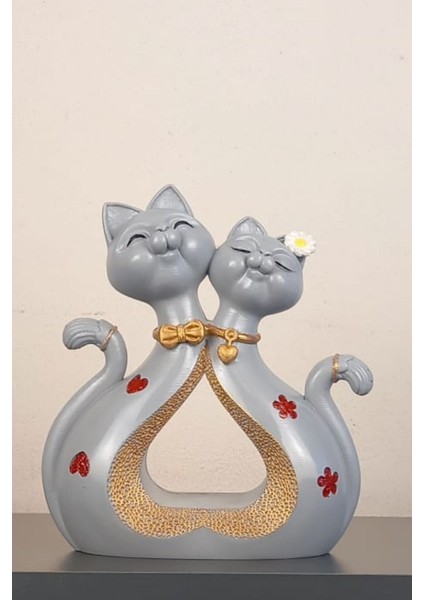 Dekoratif Sevimli Romantik Ikili Kedi Biblo Ev ve Ofis Aksesuar Polyester 24 x 21 cm
