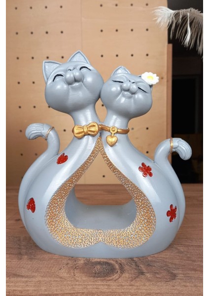 Dekoratif Sevimli Romantik Ikili Kedi Biblo Ev ve Ofis Aksesuar Polyester 24 x 21 cm