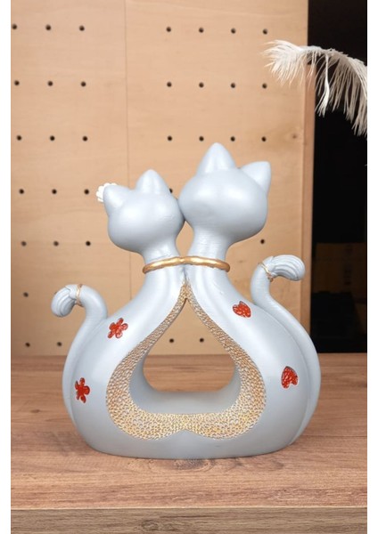 Dekoratif Sevimli Romantik Ikili Kedi Biblo Ev ve Ofis Aksesuar Polyester 24 x 21 cm