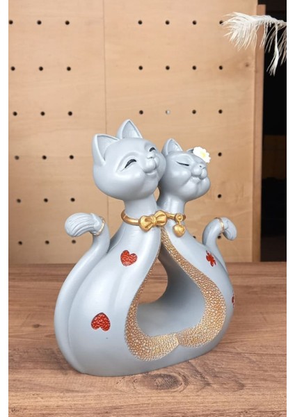 Dekoratif Sevimli Romantik Ikili Kedi Biblo Ev ve Ofis Aksesuar Polyester 24 x 21 cm