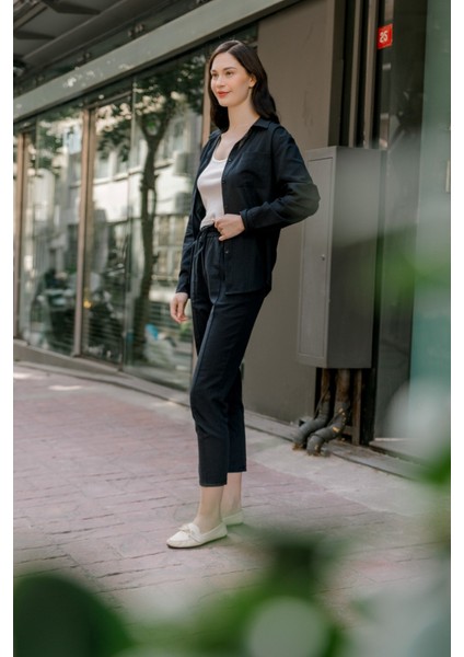 Barbora Keten Günlük Ikili Takım Elbise Pantolon Gömlek MSLN21SIYAH3 modelleri