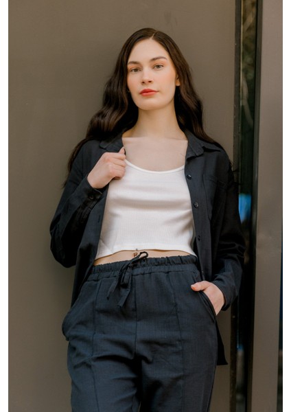 Barbora Keten Günlük Ikili Takım Elbise Pantolon Gömlek MSLN21SIYAH3