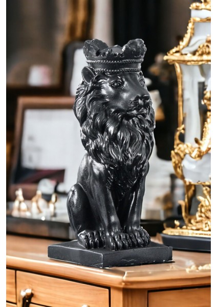 Biblo Dekoratif Heykel Taçlı Aslan Biblosu Siyah Model 34