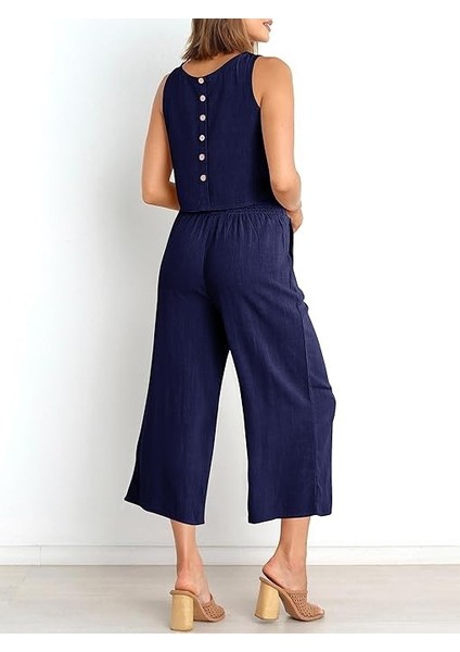 Keten Yazlık Yüksek Bel Kapri Pantolon Sırt Detaylı Kolsuz İkili Takım fiyatları