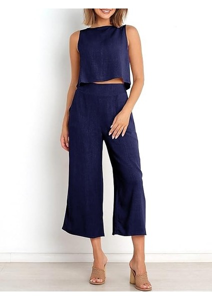 Keten Yazlık Yüksek Bel Kapri Pantolon Sırt Detaylı Kolsuz İkili Takım fırsatları