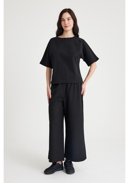 Keten Günlük Rahat Beli Lastikli Kadın Ikili Takım Alt Üst LN10SIYAHI1