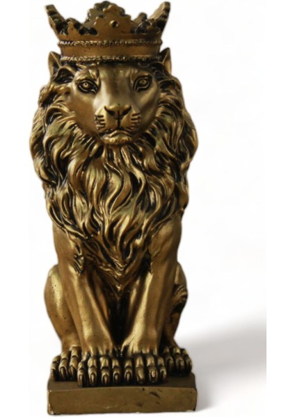 Biblo Dekoratif Obje Heykel Taçlı Aslan Biblo Dekoratif Süs Eşyası Altın Eskitme Renk Model 34