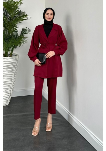 Bonita Gül Kemerli Astarlı Ceket Takım Bordo