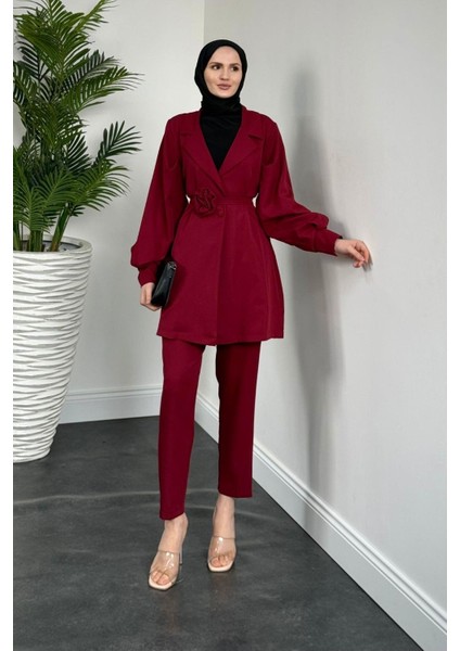 Bonita Gül Kemerli Astarlı Ceket Takım Bordo
