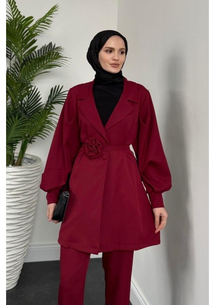 Bonita Gül Kemerli Astarlı Ceket Takım Bordo