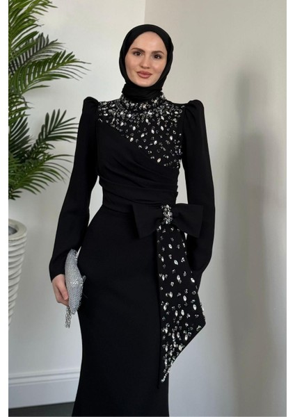 Lalissa Yandan Fiyonklu Taşlı Krep Abiye Siyah fiyatları