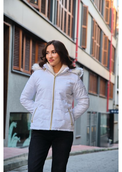 Barbora Günlük Kürklü Şişme Kadın Mont 807BEYAZ4