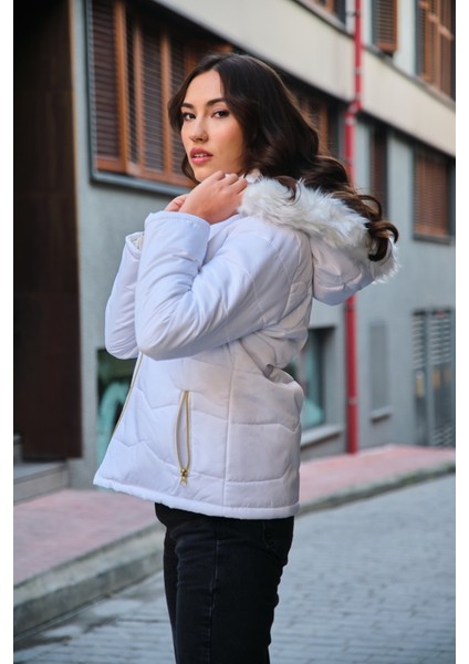 Barbora Günlük Kürklü Şişme Kadın Mont 807BEYAZ4