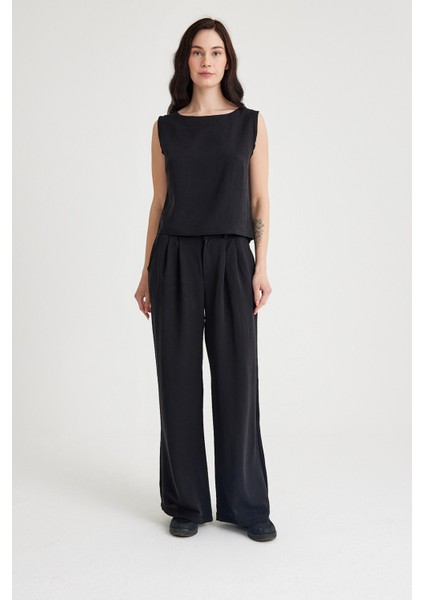 Keten Günlük Rahat Kolsuz Alt Üst Kadın Takım