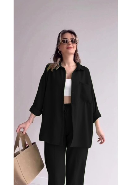 Barbora Keten Günlük Ikili Takım Elbise Pantolon Gömlek Ln21Sıyah11