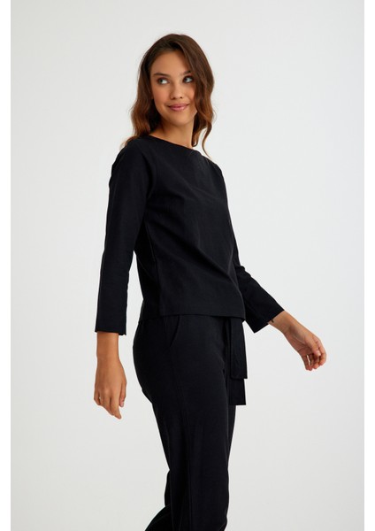 Keten Günlük Rahat Beli Kemerli Kadın Ikili Takım Alt Üst LN01SIYAH12 modelleri
