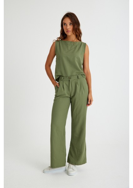 Keten Günlük Rahat Kolsuz Alt Üst Kadın Takım LN08HAKI10 fiyatları