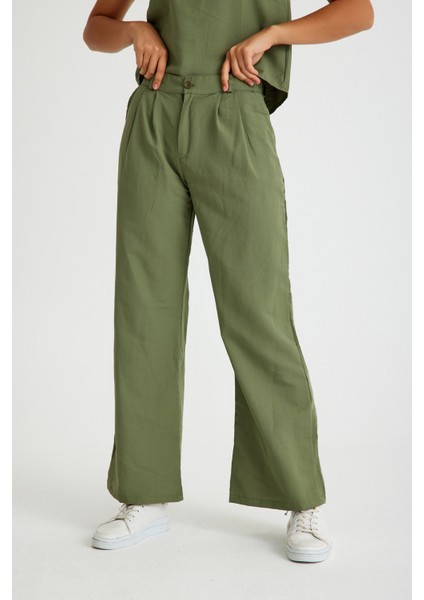 Keten Günlük Rahat Kolsuz Alt Üst Kadın Takım LN08HAKI10