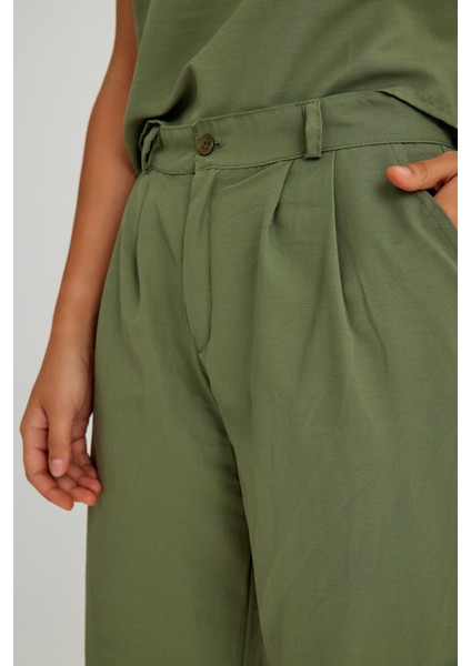 Keten Günlük Rahat Kolsuz Alt Üst Kadın Takım LN08HAKI10