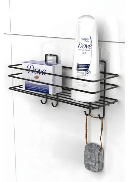 Yapışkanlı Kancalı Banyo Rafı Mat Siyah Banyo Şampuanlık Duşakabin Duş Askısı