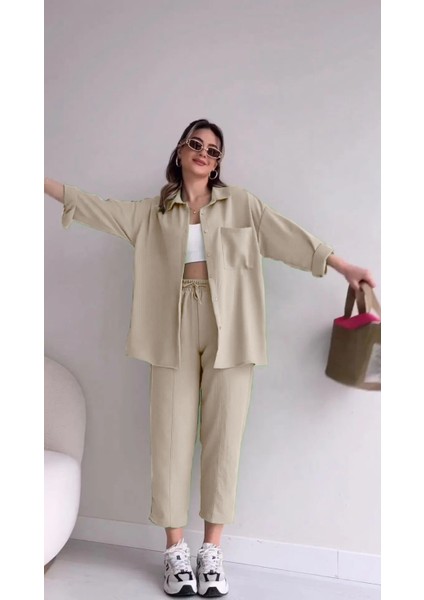Barbora Keten Günlük Ikili Takım Elbise Pantolon Gömlek LN21EKRU