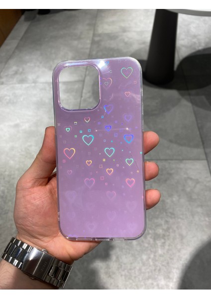 Apple iPhone 13 Pro Max Uyumlu Kalp Desenli Hologram Silikon Kılıf