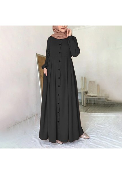 Barbora Keten Günlük Yazlık Tam Boy Tesettür Kadın Elbise BTTR391SIYAH11