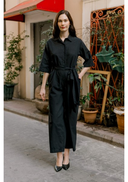 Barbora Keten Günlük Tulum Elbise LN22SIYAHD1