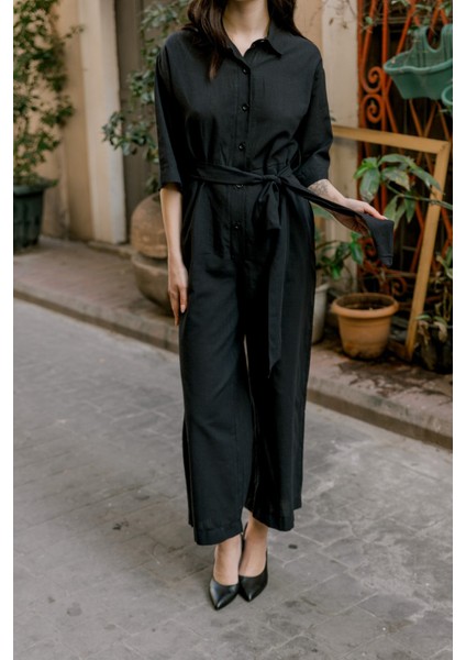 Barbora Keten Günlük Tulum Elbise LN22SIYAHD1