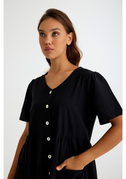 Keten Günlük Rahat V Yaka Beli Büzgü Detaylı Düğmeli Elbise