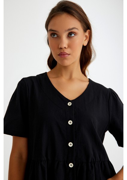 Keten Günlük Rahat V Yaka Beli Büzgü Detaylı Düğmeli Elbise