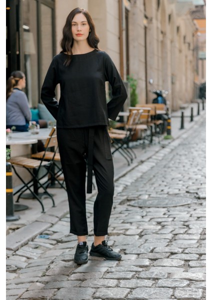 Barbora Keten Günlük Rahat Beli Kemerli Kadın Ikili Takım Alt Üst LN01SIYAHD1 modelleri