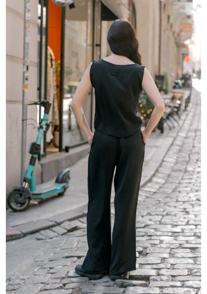 Keten Günlük Rahat Kolsuz Alt Üst Kadın Takım