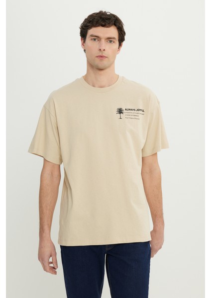 %100 Pamuk Oversize Fit Rahat Kesim Bisiklet Yaka Baskılı Tişört