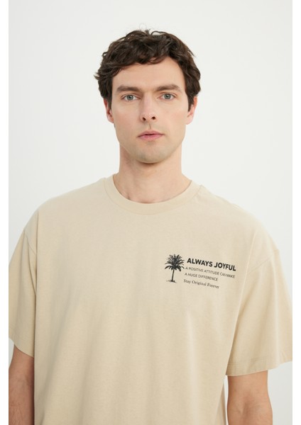 %100 Pamuk Oversize Fit Rahat Kesim Bisiklet Yaka Baskılı Tişört fırsatları